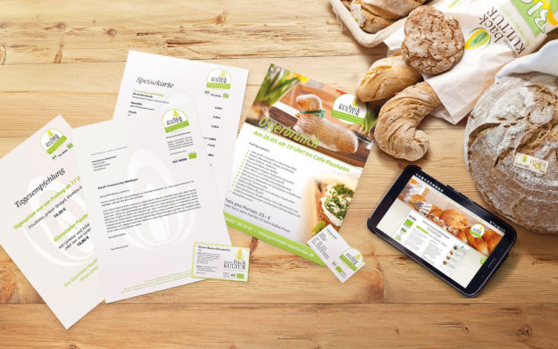 Umsetzung der Geschäftsausstattung und digitalen Vorlagen. Aussenwerbung, Verpackungen, Website nach CD und full responsive Layout.