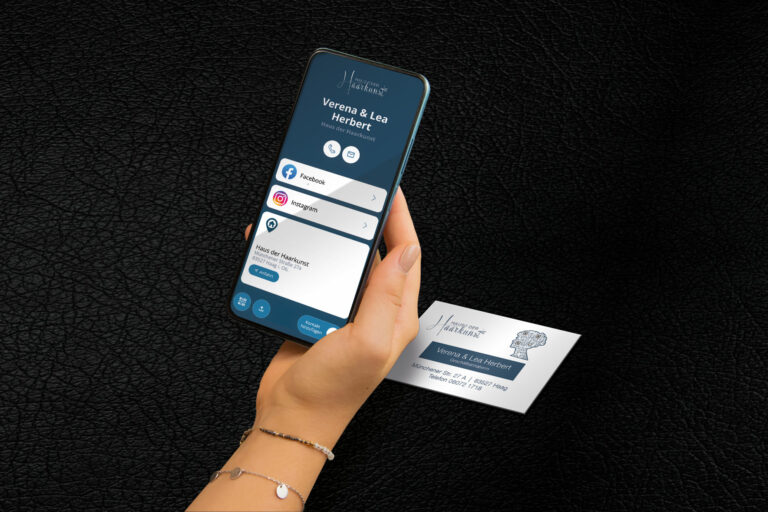 Für das Haus der Haarkunst haben wir digitale Visitenkarten im Firmen Design erstellt die über den QR-Code Social Media Links, Anfahrt und den Kontakt teilen.